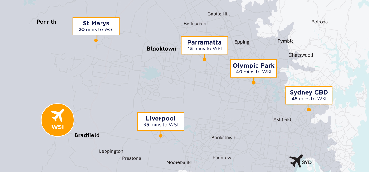 map of western sydney international airport and nearby suburb: Parramatta, St Marys, Penrith, or Campbelltown