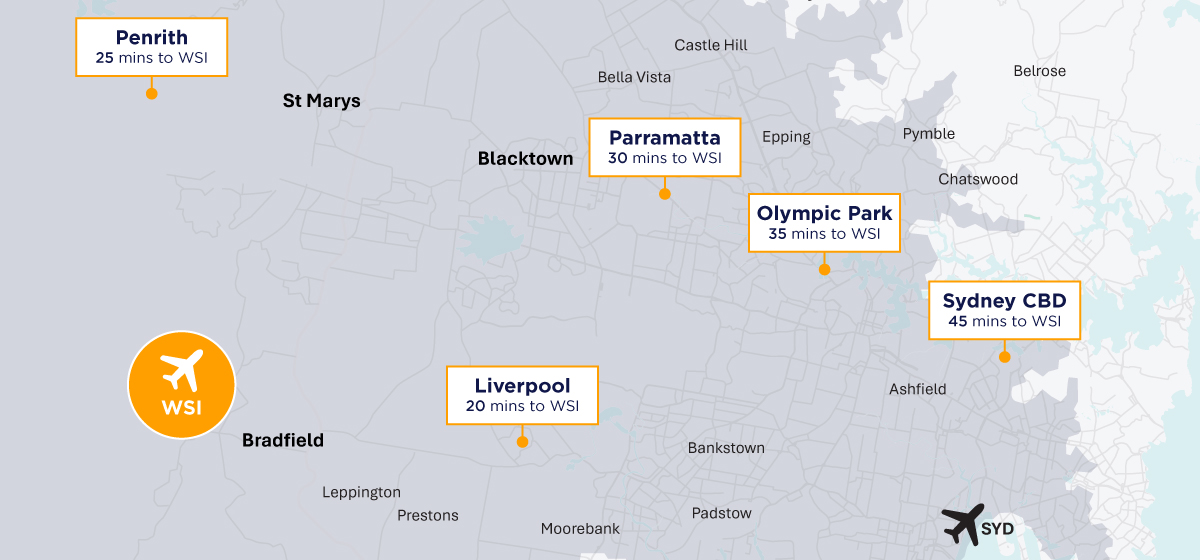 map of western sydney international airport and nearby suburb: Parramatta, St Marys, Penrith, or Campbelltown
