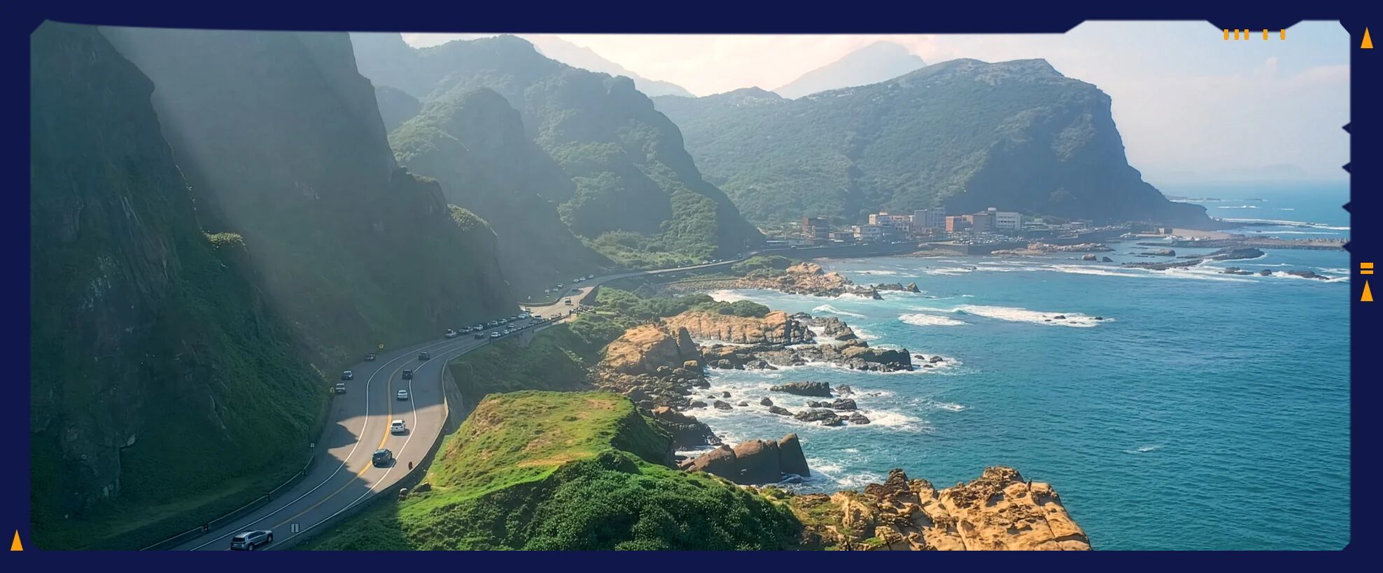 Coastal road lined by mountains with sunshine and blue water